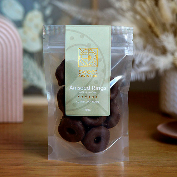 Milk Chocolate Aniseed Rings, Melbourne-made chocolate confectionery from Sweet Addiction Confectionery