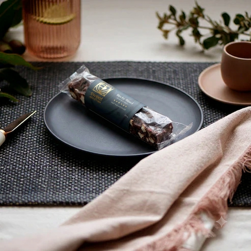 Dark chocolate rocky road with marshmallow, Turkish delight, coconut and peanuts