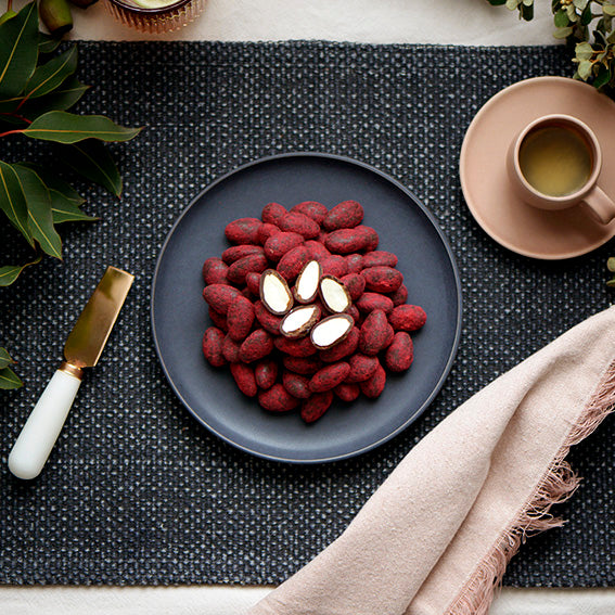 Raspberry Dusted Dark Chocolate Almonds
