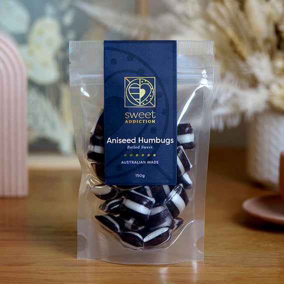 Aniseed Humbugs, boiled sweets lollies, made in Melbourne, Australia
