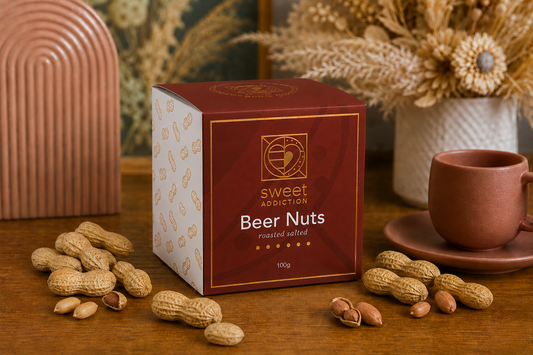 Roasted salted beer nuts in Sweet Addiction boxed packaging