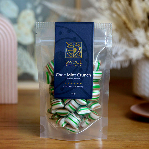 Choc Mint Crunch boiled lollies, Australian-made mint chocolate sweet from Sweet Addiction Confectionery