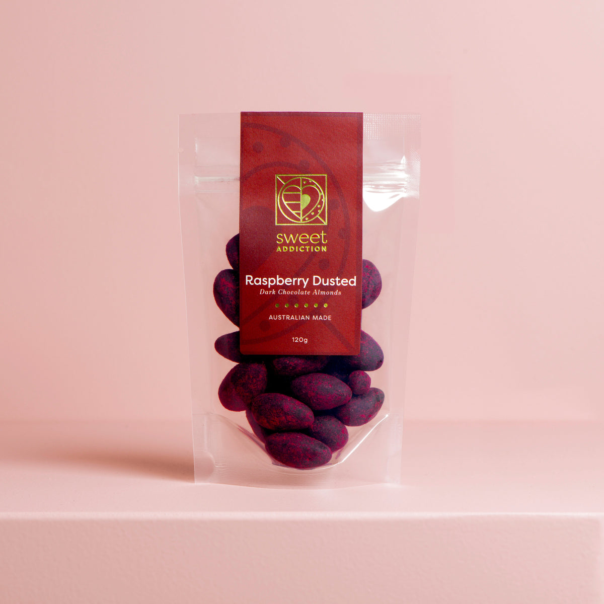 Red Label Raspberry Dusted Dark Chocolate Almonds, limited-edition Christmas chocolate confectionery from Sweet Addiction Confectionery