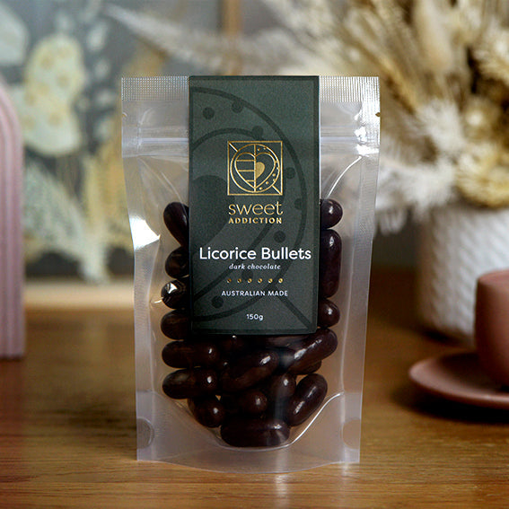 Dark Chocolate Licorice Bullets, Melbourne-made chocolate confectionery from Sweet Addiction Confectionery
