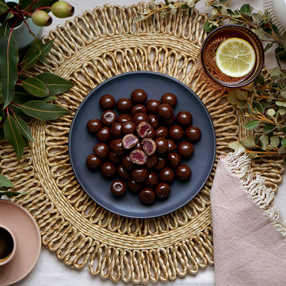 Dark Chocolate Raspberries, Melbourne-made chocolate-coated raspberry lollies from Sweet Addiction Confectionery
