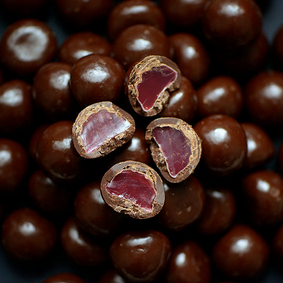 Dark Chocolate Raspberries, Melbourne-made chocolate-coated raspberry lollies from Sweet Addiction Confectionery
