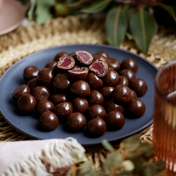 Dark Chocolate Raspberries, Melbourne-made chocolate-coated raspberry lollies from Sweet Addiction Confectionery