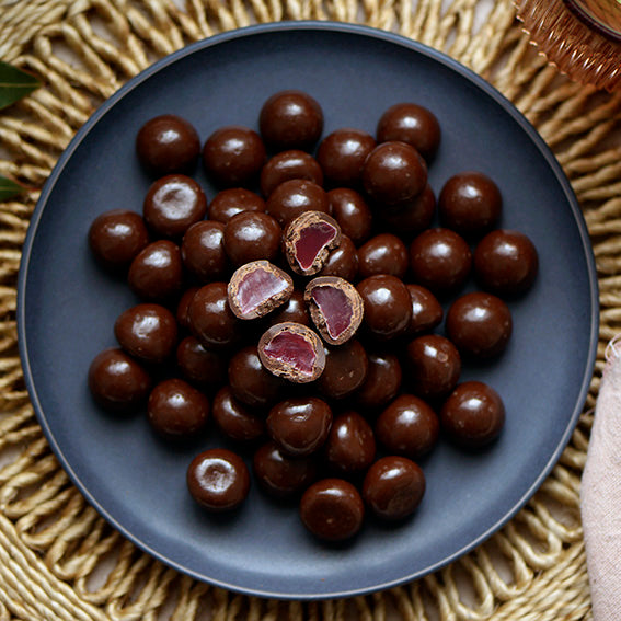 Dark Chocolate Raspberries, Melbourne-made chocolate-coated raspberry lollies from Sweet Addiction Confectionery