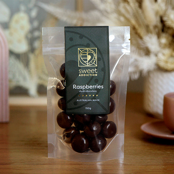 Dark Chocolate Raspberries, Melbourne-made chocolate-coated raspberry lollies from Sweet Addiction Confectionery