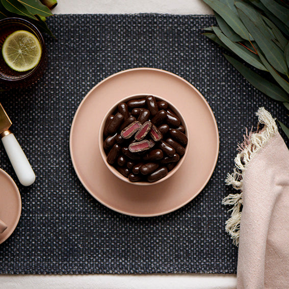 Dark Chocolate Raspberry Bullets, Melbourne-made chocolate confectionery from Sweet Addiction Confectionery