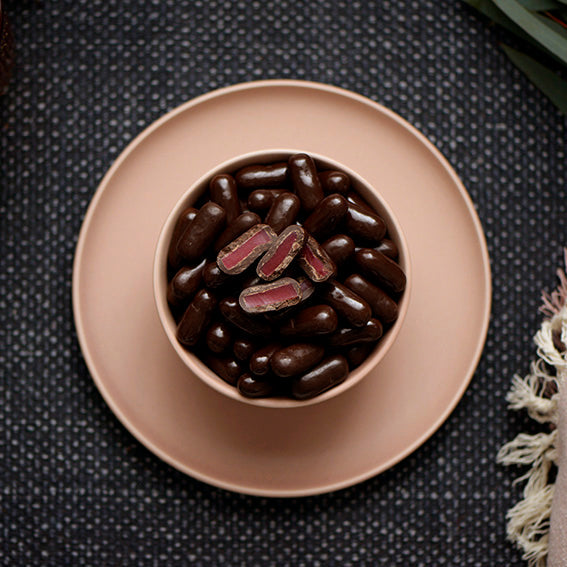 Dark Chocolate Raspberry Bullets, Melbourne-made chocolate confectionery from Sweet Addiction Confectionery