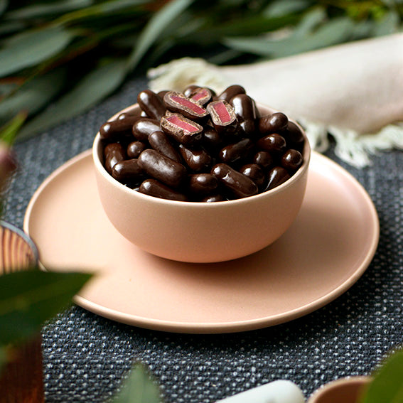 Dark Chocolate Raspberry Bullets, Melbourne-made chocolate confectionery from Sweet Addiction Confectionery