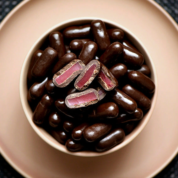 Dark Chocolate Raspberry Bullets, Melbourne-made chocolate confectionery from Sweet Addiction Confectionery