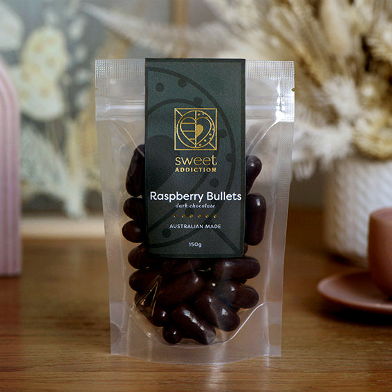 Dark Chocolate Raspberry Bullets, Melbourne-made chocolate confectionery from Sweet Addiction Confectionery