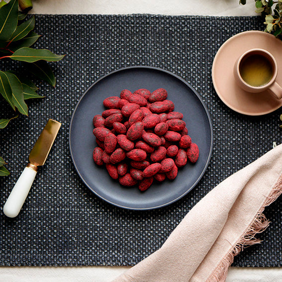 Raspberry Dusted Dark Chocolate Almonds, Melbourne-made chocolate confectionery from Sweet Addiction Confectionery