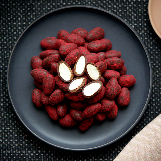 Raspberry Dusted Dark Chocolate Almonds, Melbourne-made chocolate confectionery from Sweet Addiction Confectionery
