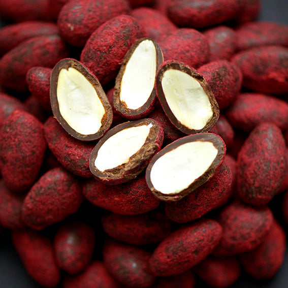 Raspberry Dusted Dark Chocolate Almonds, Melbourne-made chocolate confectionery from Sweet Addiction Confectionery