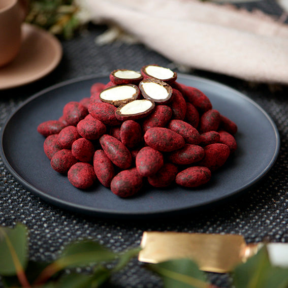 Red Label Raspberry Dusted Dark Chocolate Almonds, limited-edition Christmas chocolate confectionery from Sweet Addiction Confectionery