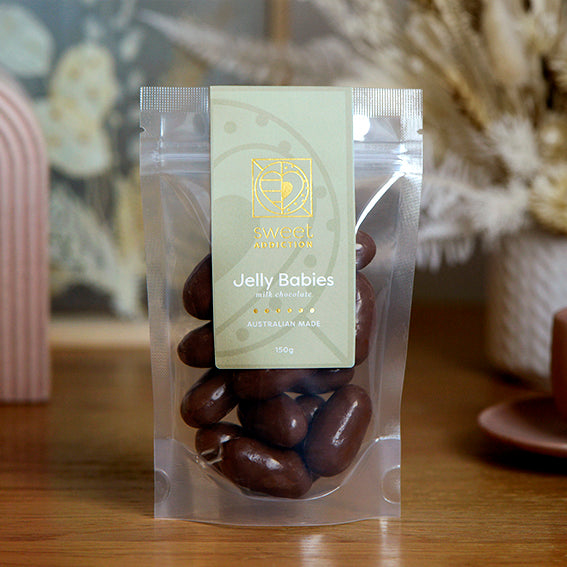Milk Chocolate Jelly Babies, Melbourne-made chocolate-coated jelly lollies from Sweet Addiction Confectionery