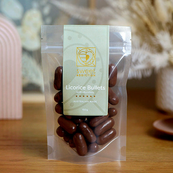 Milk Chocolate Licorice Bullets, Melbourne-made chocolate confectionery from Sweet Addiction Confectionery