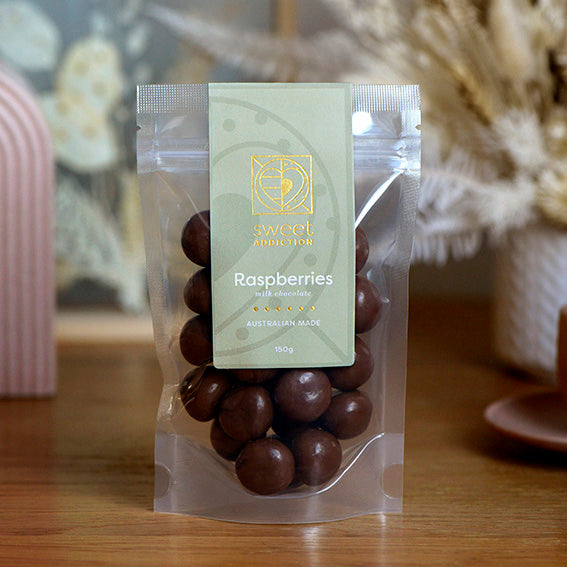 Milk Chocolate Raspberries, Melbourne-made chocolate-coated raspberry lollies from Sweet Addiction Confectionery