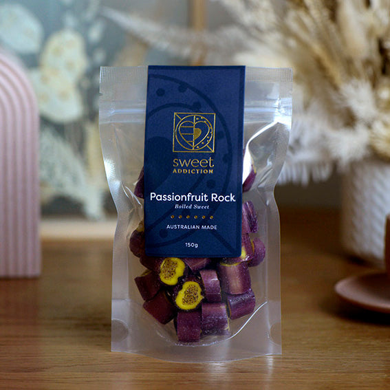 Passionfruit Rock candy, Australian-made boiled lolly from Sweet Addiction Confectionery