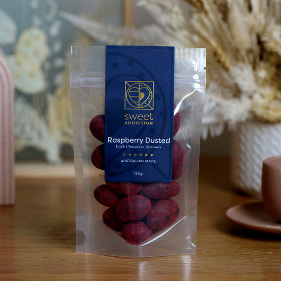 Raspberry Dusted Dark Chocolate Almonds, Melbourne-made chocolate confectionery from Sweet Addiction Confectionery