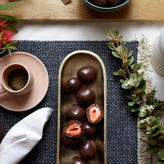 VEGAN Dark Chocolate Freeze Dried Strawberries, Melbourne-made vegan chocolate confectionery from Sweet Addiction Confectionery