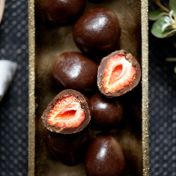 VEGAN Dark Chocolate Freeze Dried Strawberries, Melbourne-made vegan chocolate confectionery from Sweet Addiction Confectionery