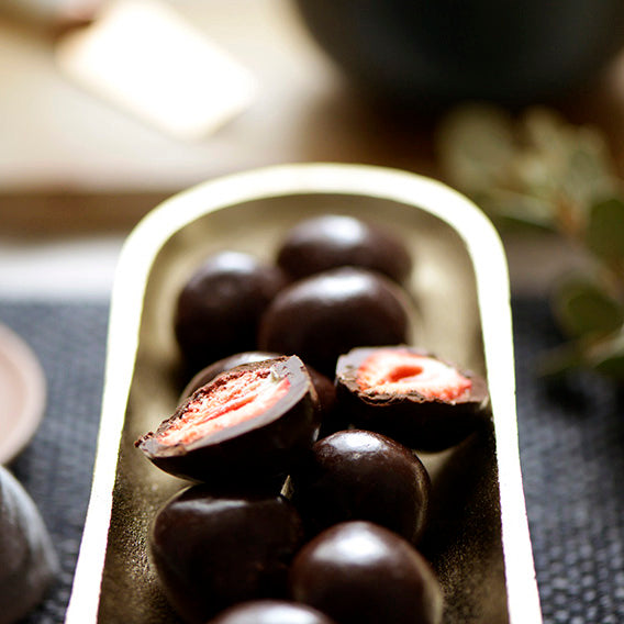 VEGAN Dark Chocolate Freeze Dried Strawberries, Melbourne-made vegan chocolate confectionery from Sweet Addiction Confectionery