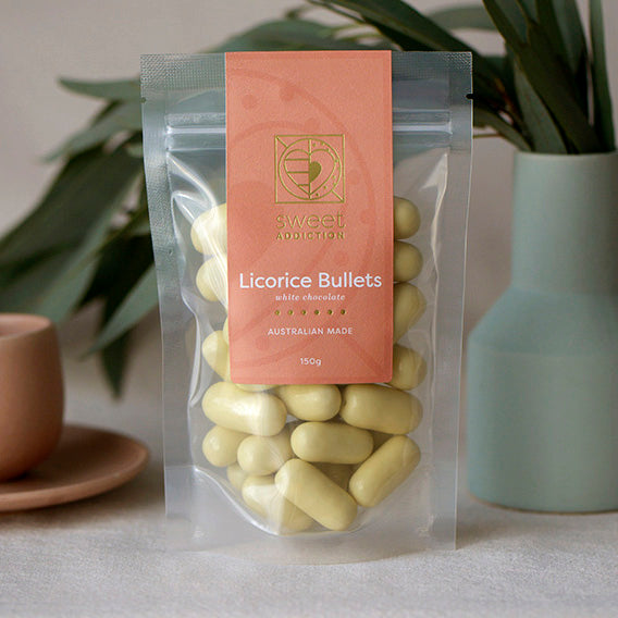 White Chocolate Licorice Bullets, Melbourne-made chocolate confectionery from Sweet Addiction Confectionery