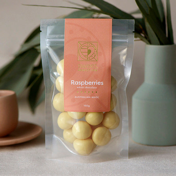 White Chocolate Raspberries, Melbourne-made chocolate-coated raspberry lollies from Sweet Addiction Confectionery