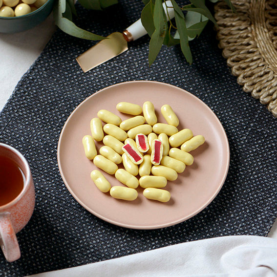 White Chocolate Raspberry Bullets, Melbourne-made chocolate confectionery from Sweet Addiction Confectionery