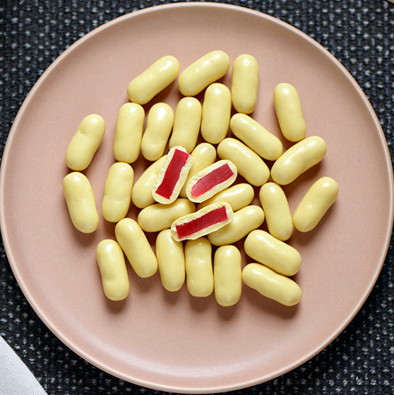 White Chocolate Raspberry Bullets, Melbourne-made chocolate confectionery from Sweet Addiction Confectionery