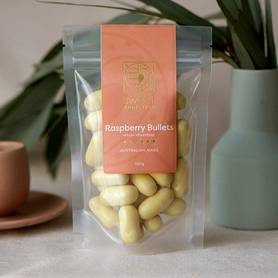 White Chocolate Raspberry Bullets, Melbourne-made chocolate confectionery from Sweet Addiction Confectionery
